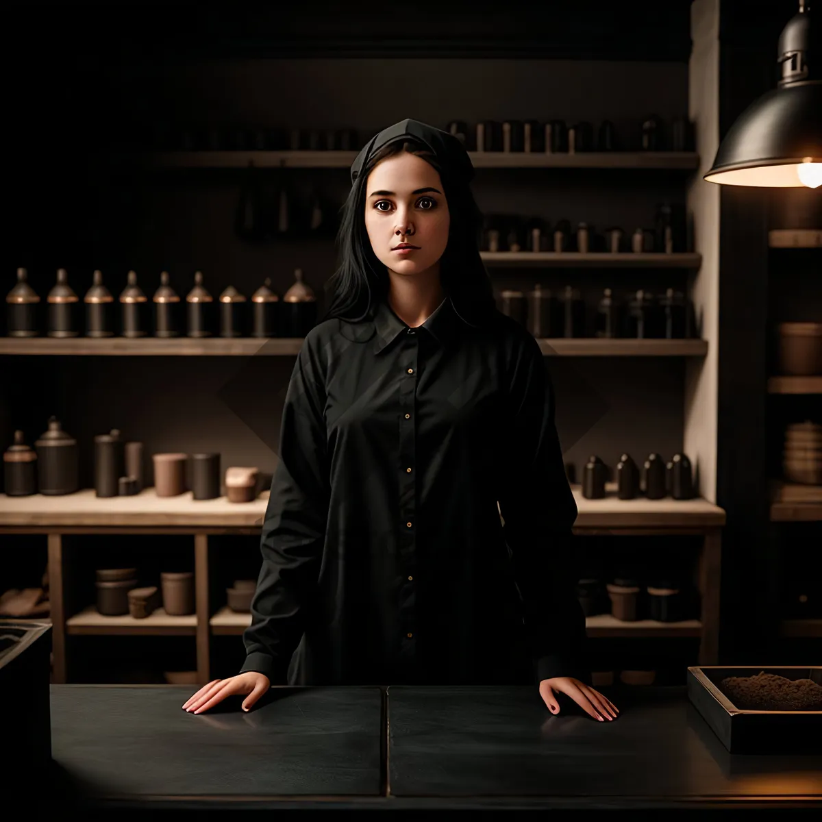 Picture of Smiling bartender in stylish robe behind counter