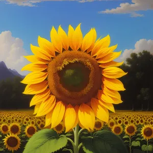 Vibrant yellow sunflower blooming in the countryside field.