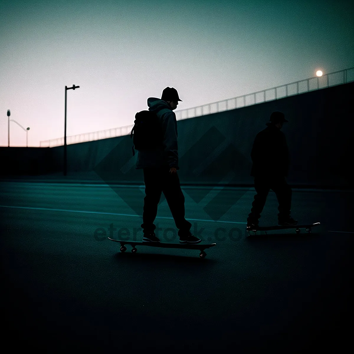 Picture of Skateboarder carving on sunset-lit slope.