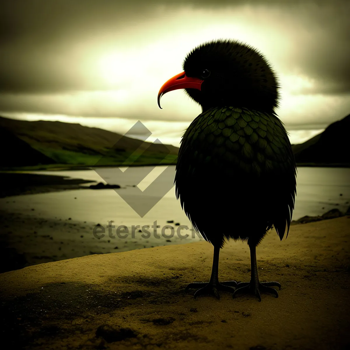 Picture of Silhouetted Wading Bird at Sunset on Beach