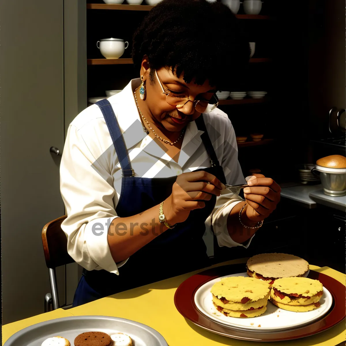 Picture of Happy waiter serving dinner to smiling business man at restaurant.