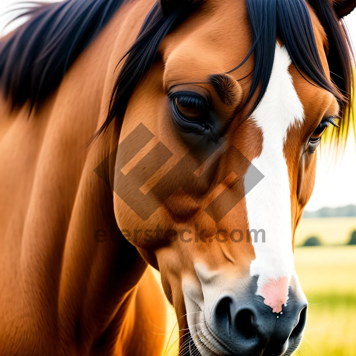 Picture of Majestic Brown Stallion Grazing in Green Pasture