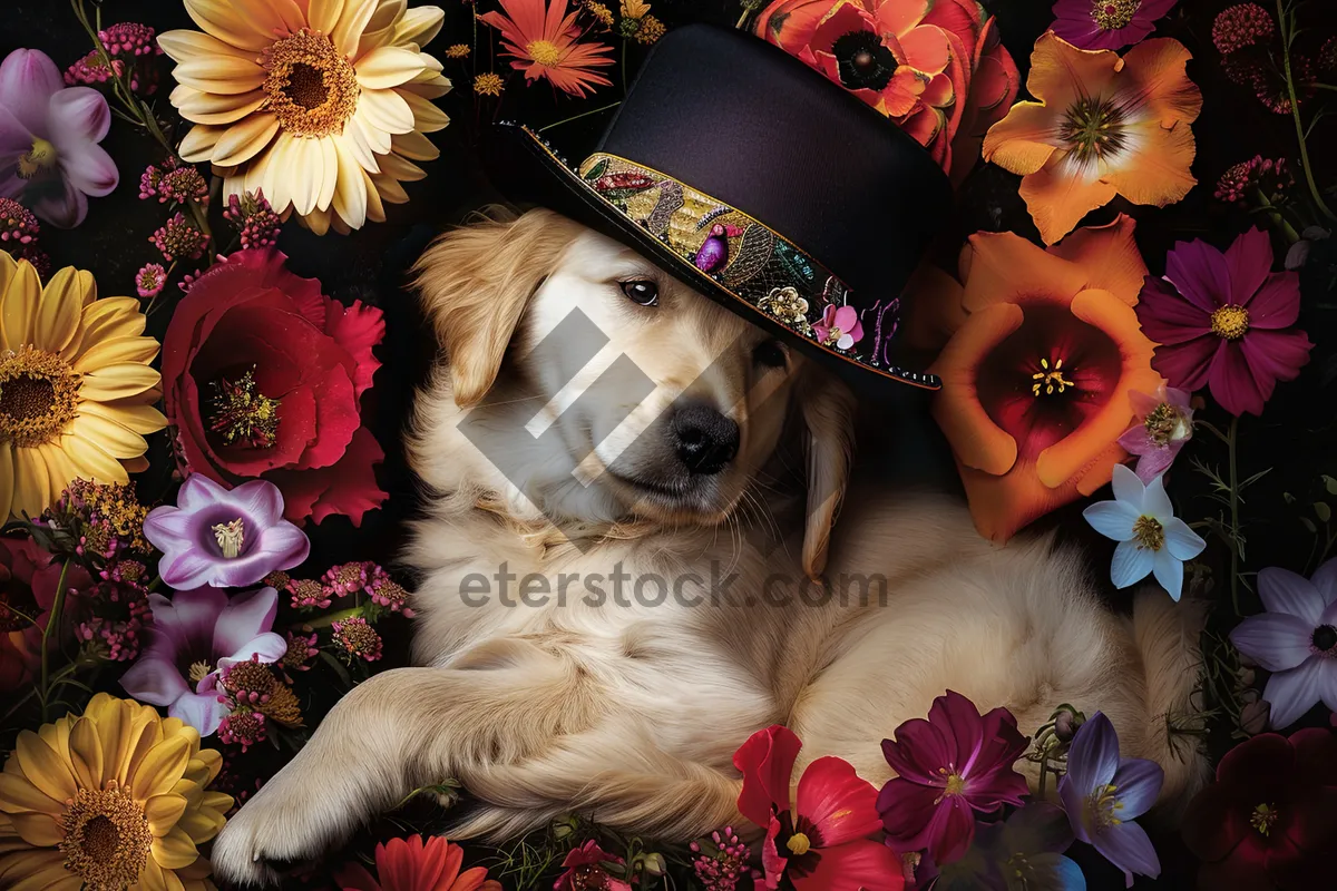 Picture of Happy Golden Retriever Pup with Feather Boa