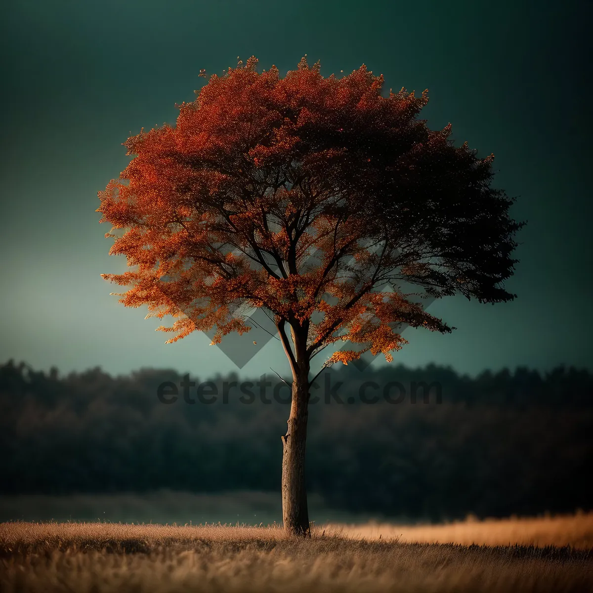 Picture of Countryside Maple Tree in Autumn Scenery"
or
"Rural Fall Landscape with Maple Trees