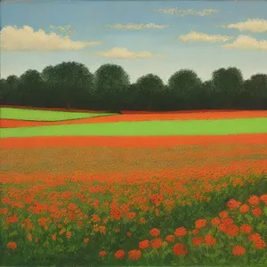 Sunny Countryside Landscape with Trees and Flowers on Meadow