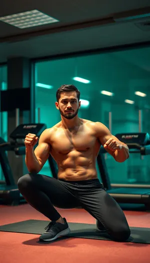 Muscular man posing with powerful physique in gym