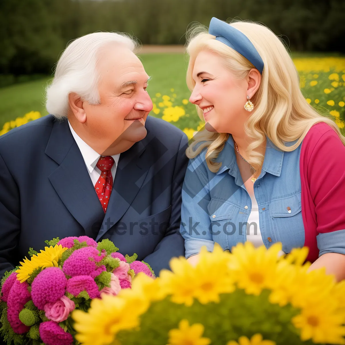 Picture of Happy couple in the park with sunflowers