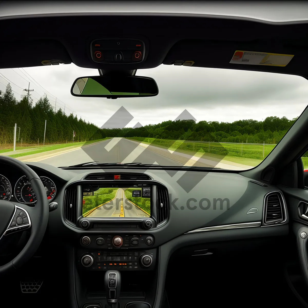 Picture of Modern Car Interior with Steering Wheel and Control Panel