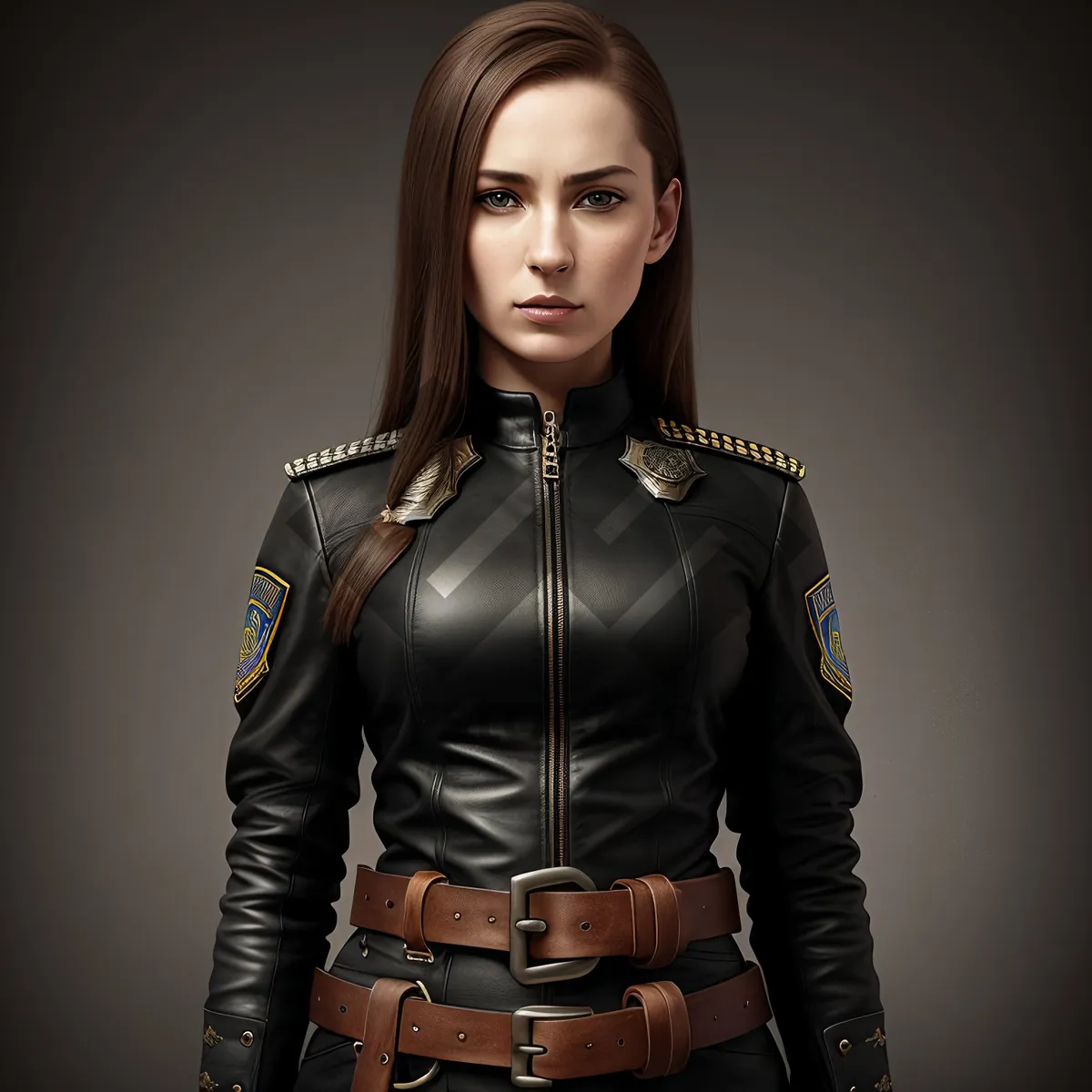 Picture of Captivating brunette model showcasing elegance in leather jacket