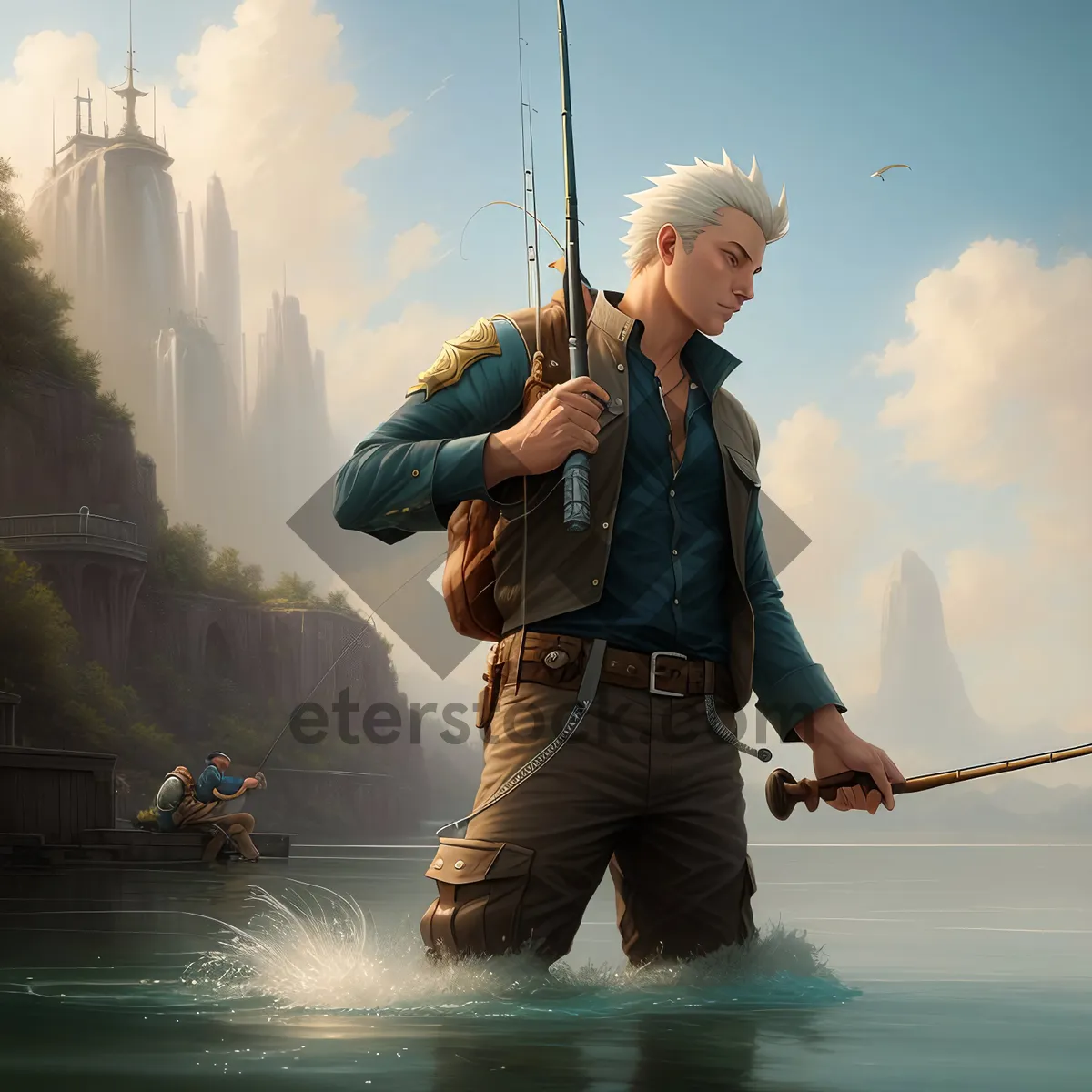 Picture of Fisherman with Fishing Rod and Reel