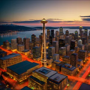 Urban Lights at Sunset: Cityscape Silhouette with Skyscrapers