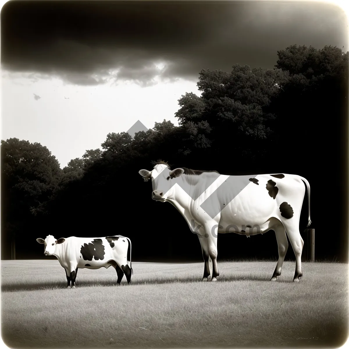 Picture of Brown Cow Grazing in Rural Meadow.