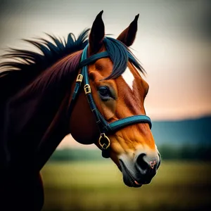 Thoroughbred Stallion with Chestnut Mane Grazing in Rural Meadow.