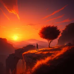 Majestic Horizon: Enchanting Sunset Over Mountain Silhouette