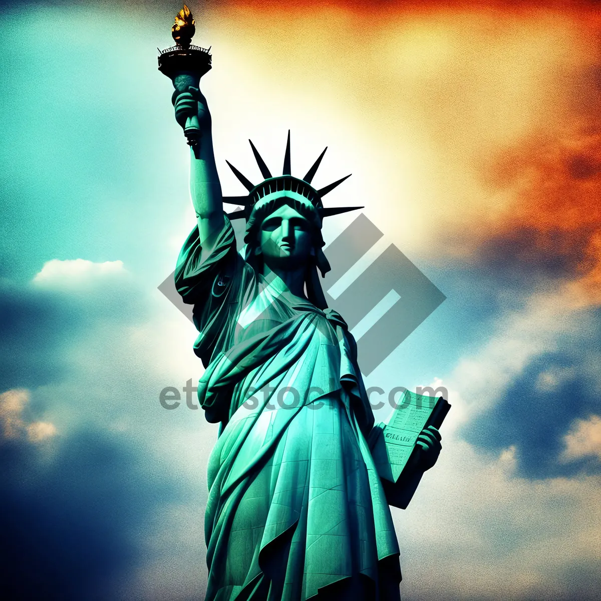 Picture of Monumental Lady of Liberty gracing a historic city skyline.