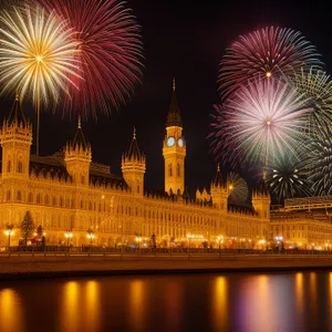 Enchanting Night Skyline: London's Iconic River Fireworks Reflection
