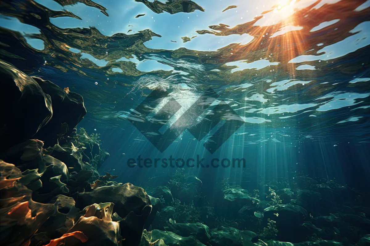 Picture of Marine fish swimming in sunlit coral reef underwater.