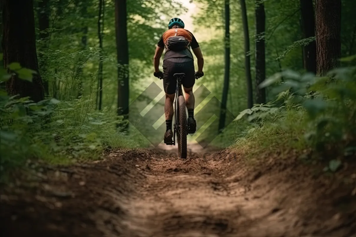 Picture of Active Man Cycling Downhill in Summer Mountain Adventure