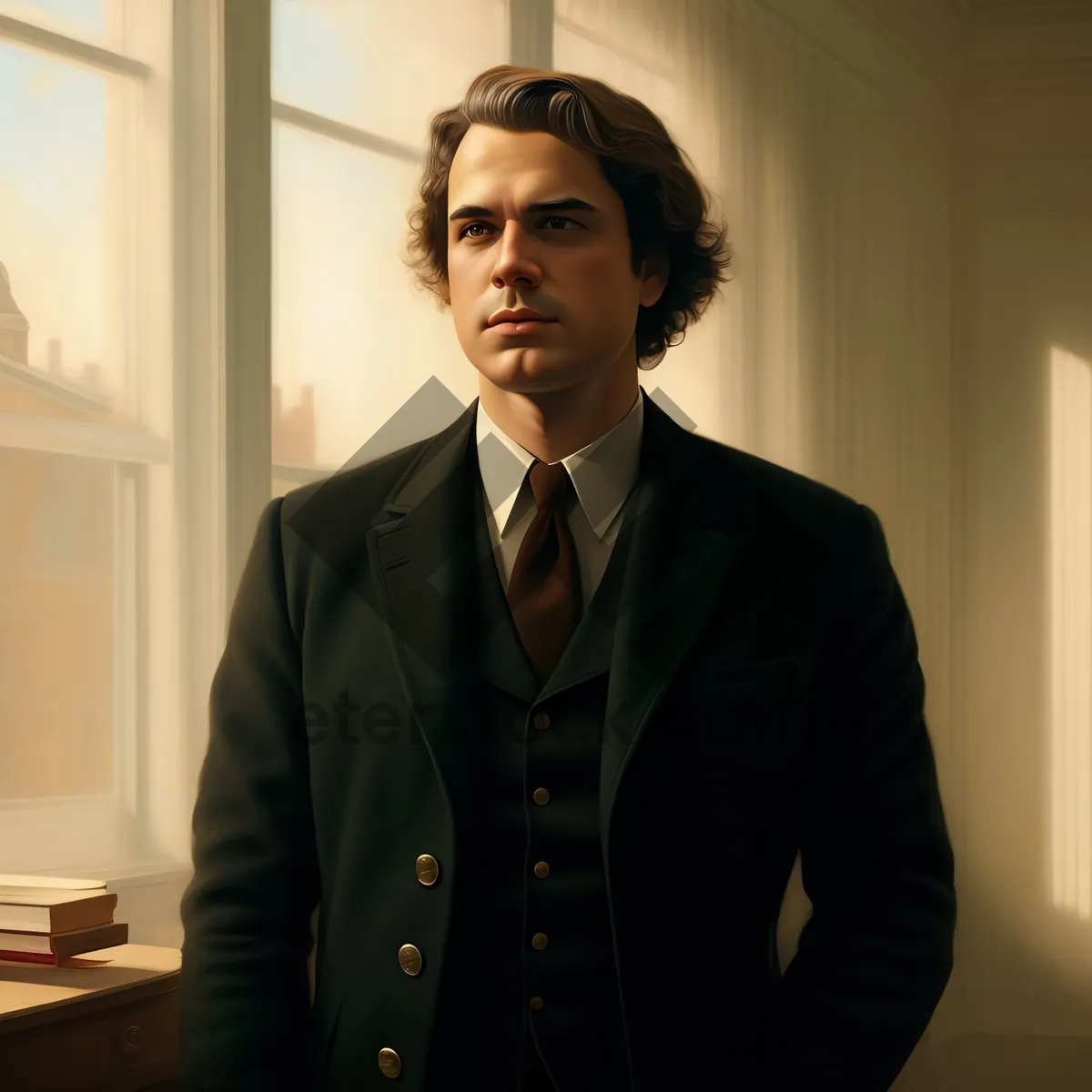 Picture of Attractive businessman in office meeting, smiling confidently.