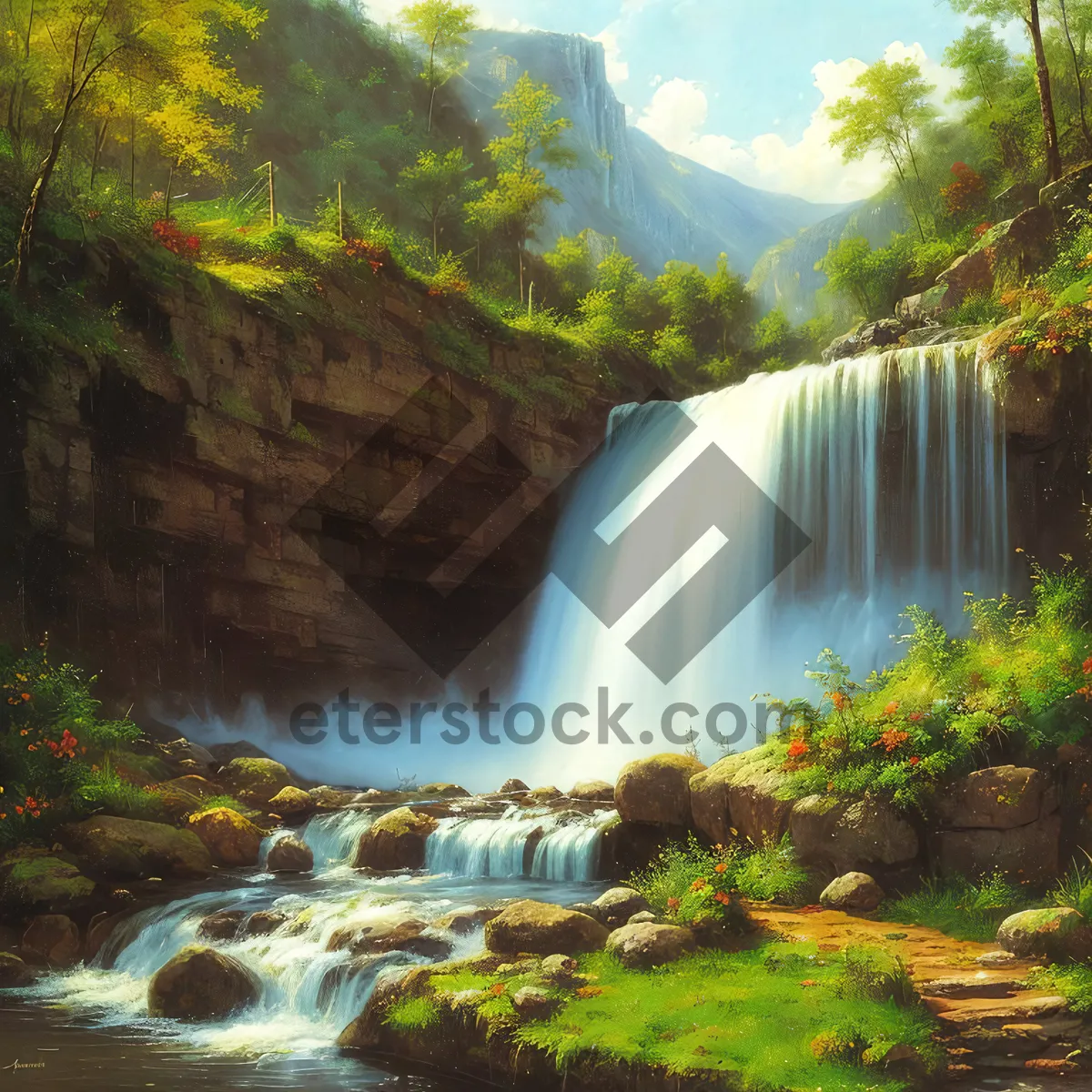 Picture of Majestic Waterfall Surrounded by Lush Forest