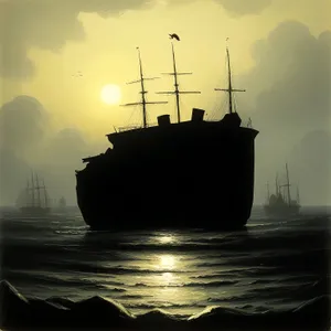 Pirate Ship at Sunset, Sailing Across Electric Seas
