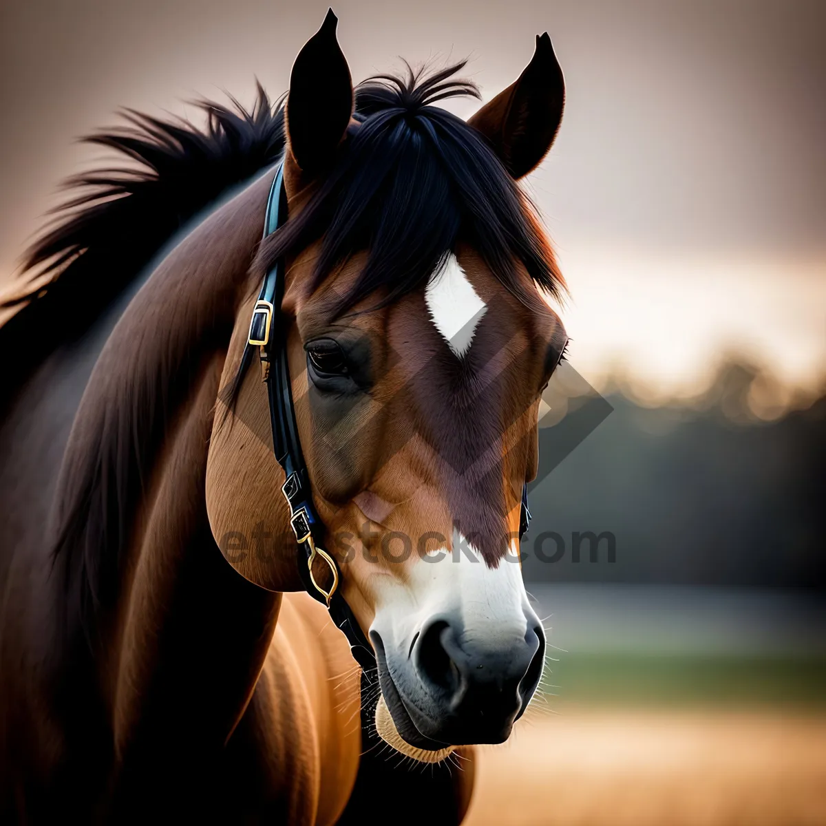 Picture of Beautiful Brown Thoroughbred Stallion Grazing in Pasture