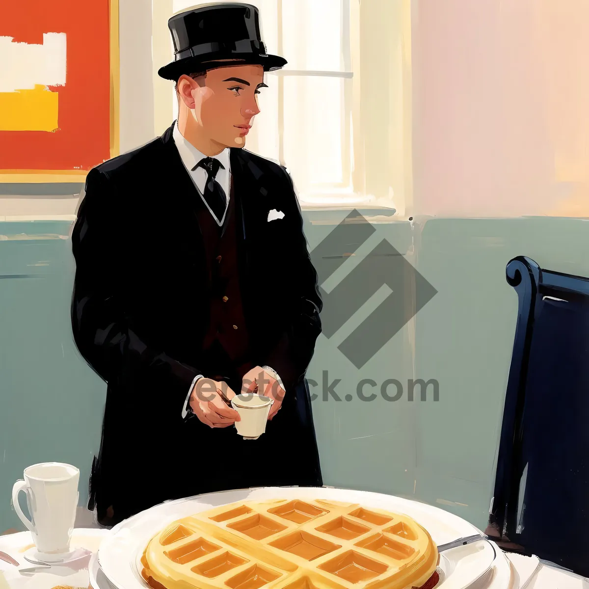 Picture of Smiling Male Waiter in Business Suit with Waffle Iron.