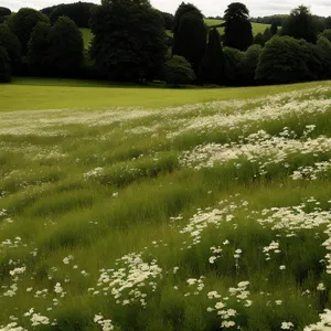 Serene Rural Landscape with Lush Green Grass and Towering Trees