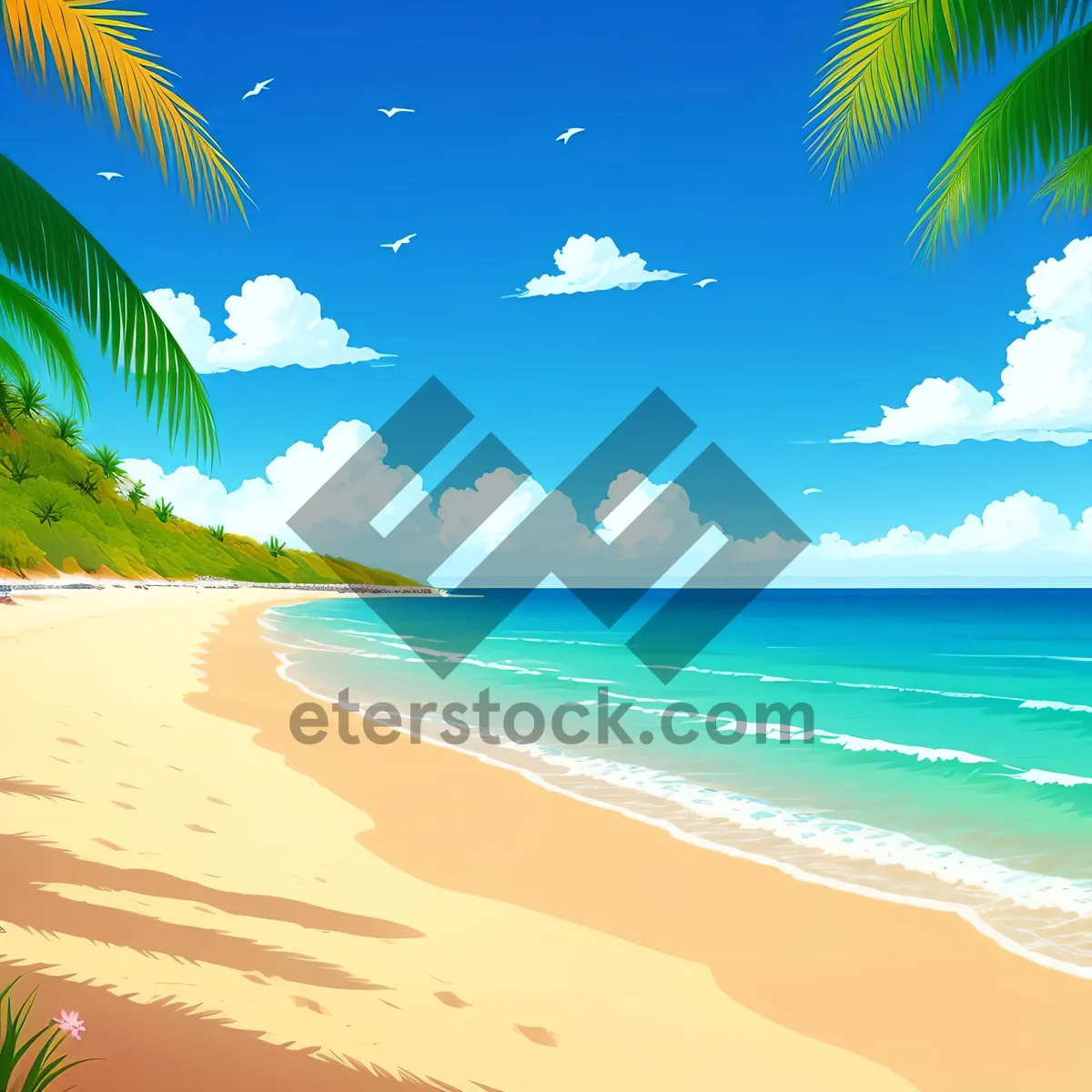 Picture of Paradise Coastline: Turquoise Waters, Sandy Beach, and Palm Trees