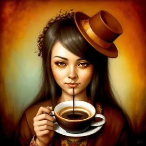 Sexy brunette model enjoying a coffee