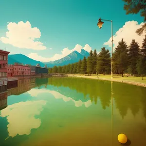 Serene lake reflection in summer forest landscape