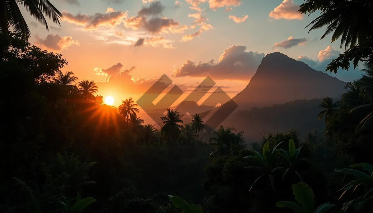 Picture of Silhouette sunset over mountain landscape horizon.