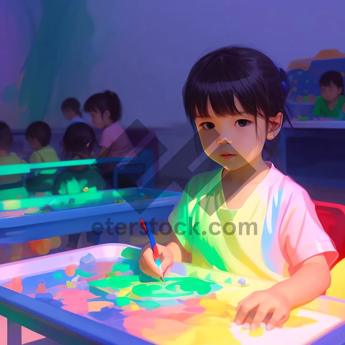 Picture of Smiling schoolboy learning in a colorful classroom