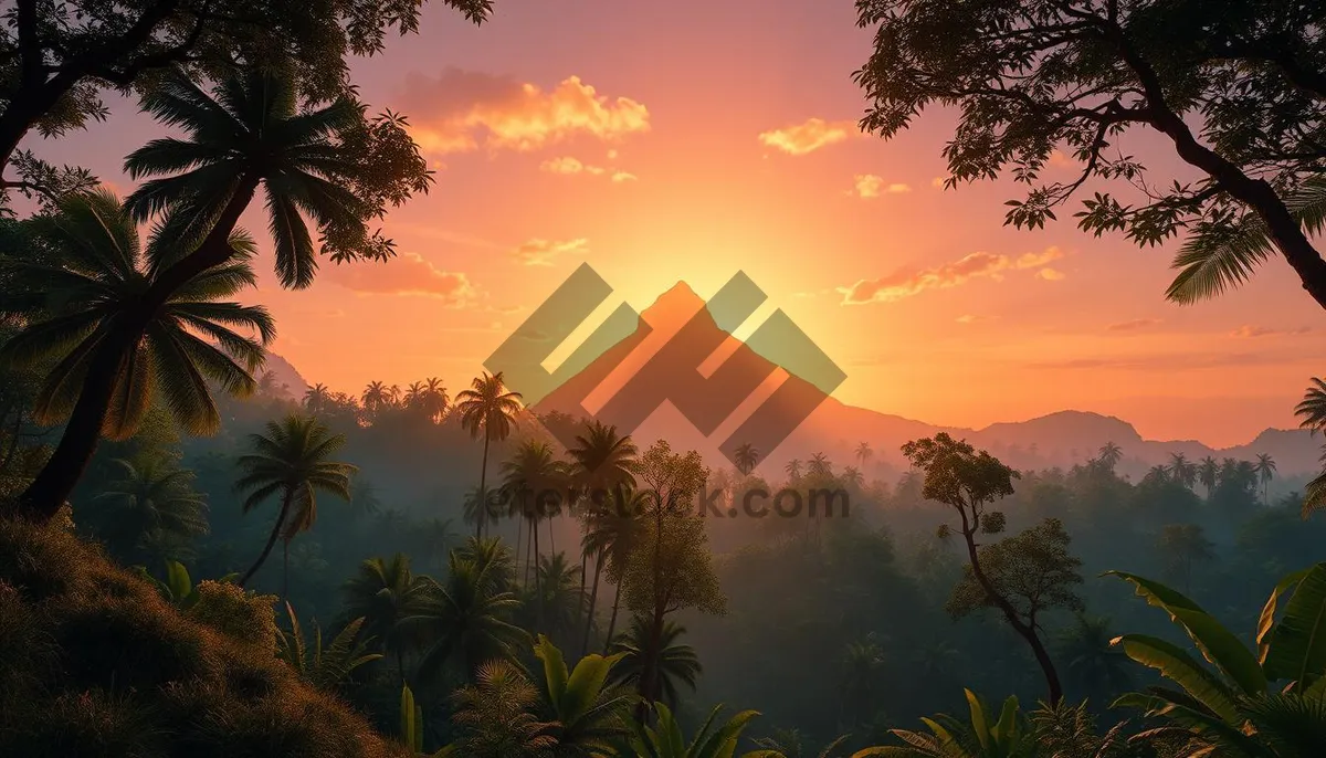 Picture of Tropical sunset over palm trees on serene beach.