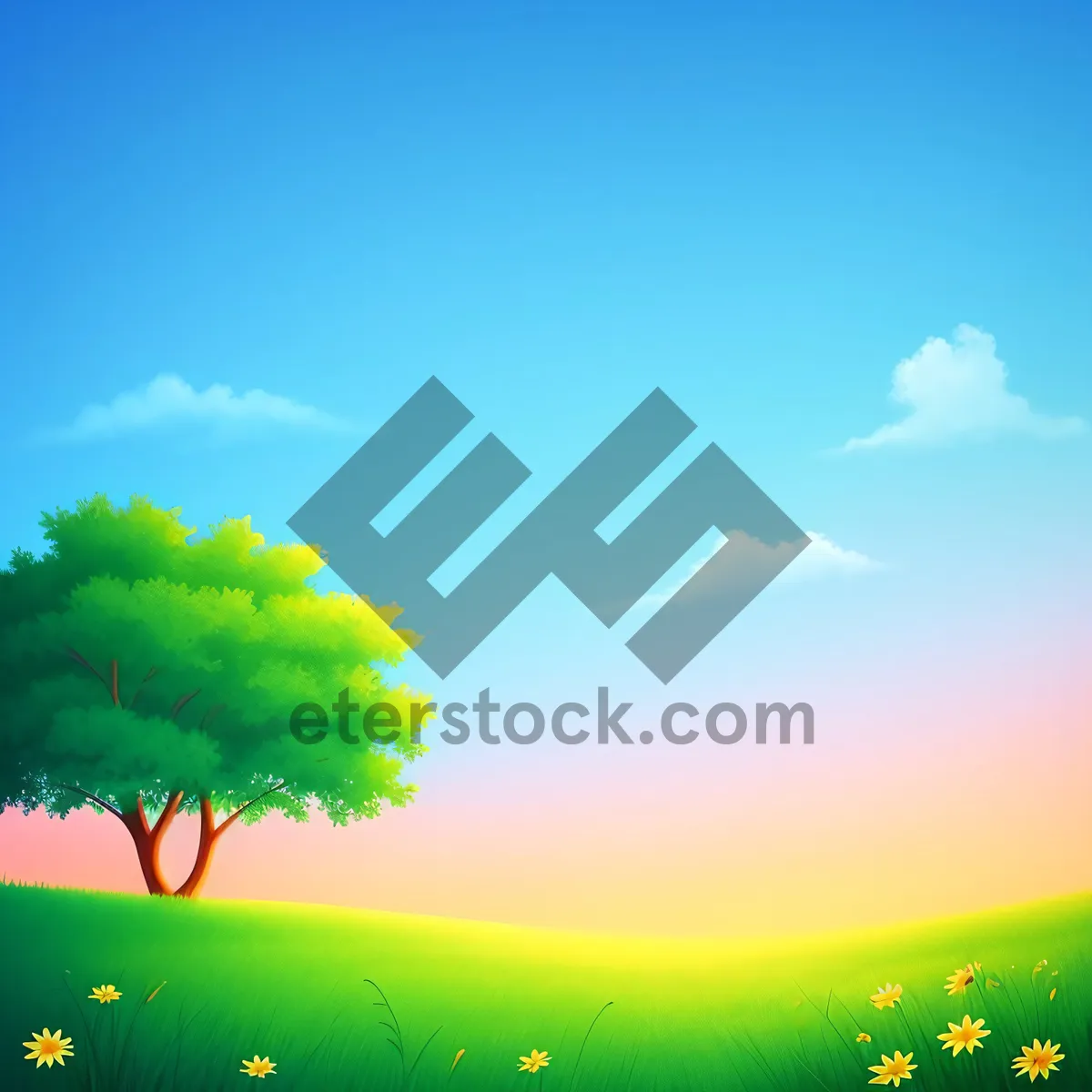 Picture of Sunny Oak Meadow Landscape with Vibrant Sky