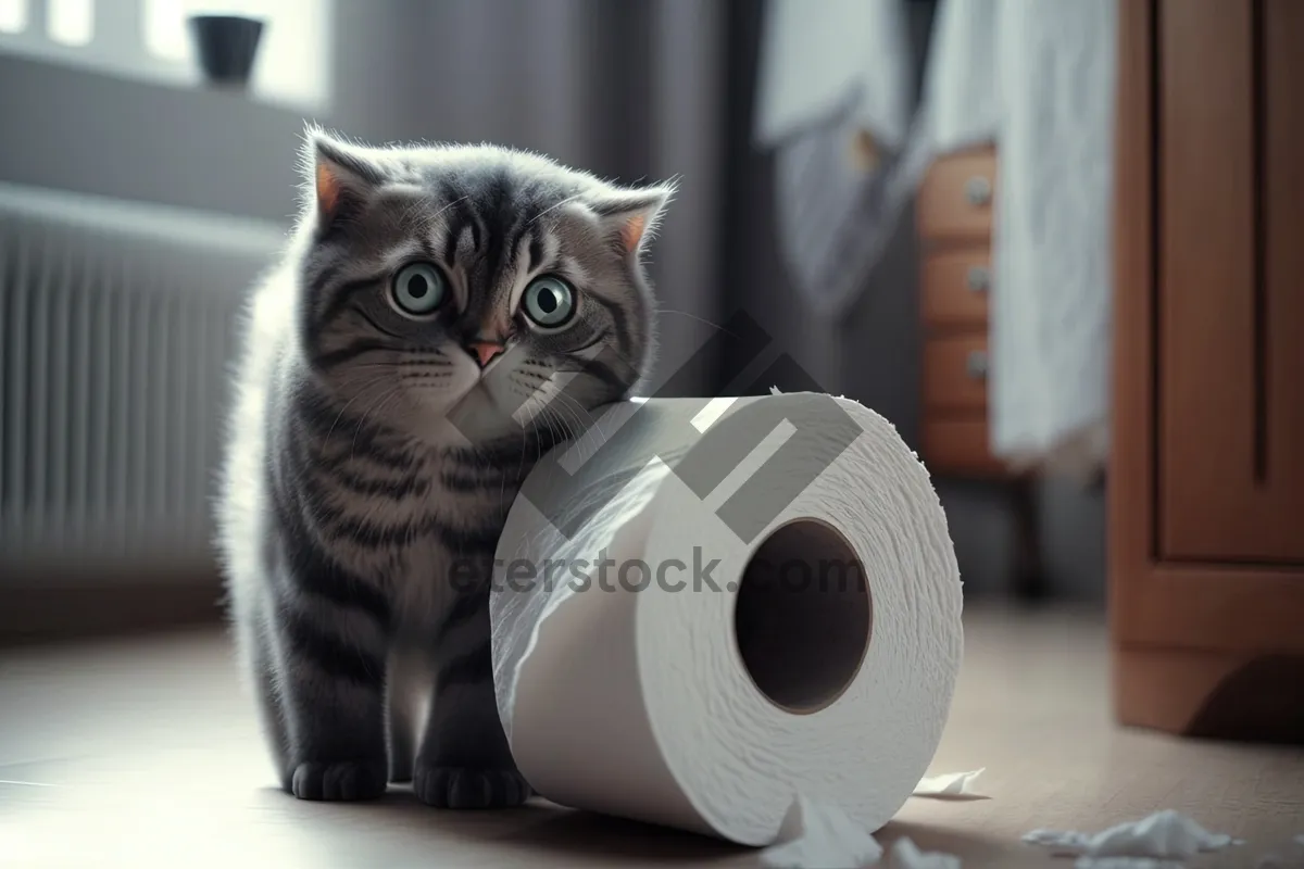 Picture of Adorable cat with curious eyes on tissue paper towel.