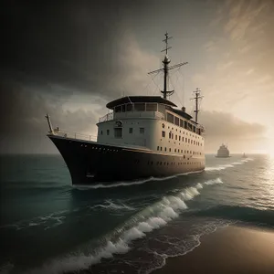 Vessel sailing in serene harbor waters