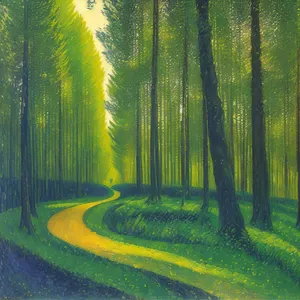 Forest Pathway Bliss: A Serene Summer stroll amidst lush foliage, bathed in golden sunlight.
