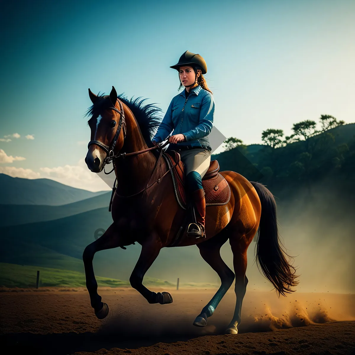 Picture of Brown Stallion Vaulting Horse on Grass Field