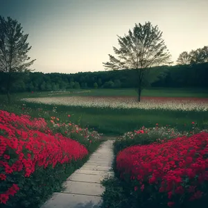 Serene Summer Park Landscape with Vibrant Tulip Flower Bed