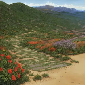 Highland Mountain Landscape with Blooming Poppy Flowers