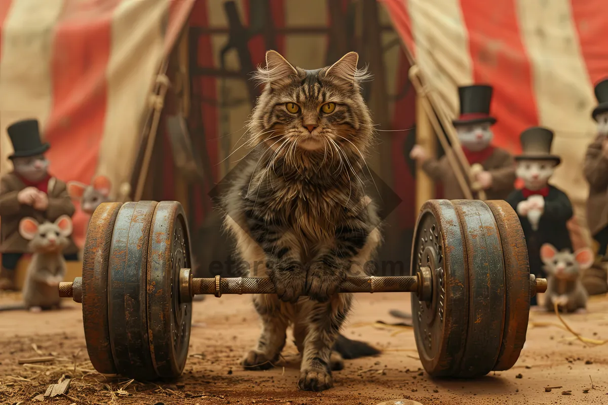 Picture of Adorable Kitten with Pumpkin and Dumbbell