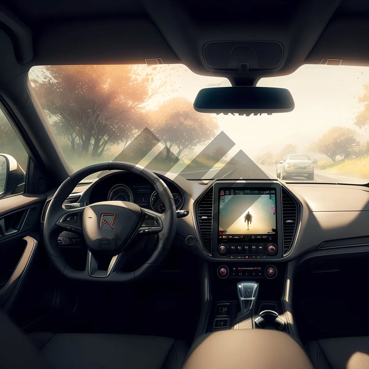 Picture of Modern Car Interior with Steering Wheel and Dashboard Control Panel