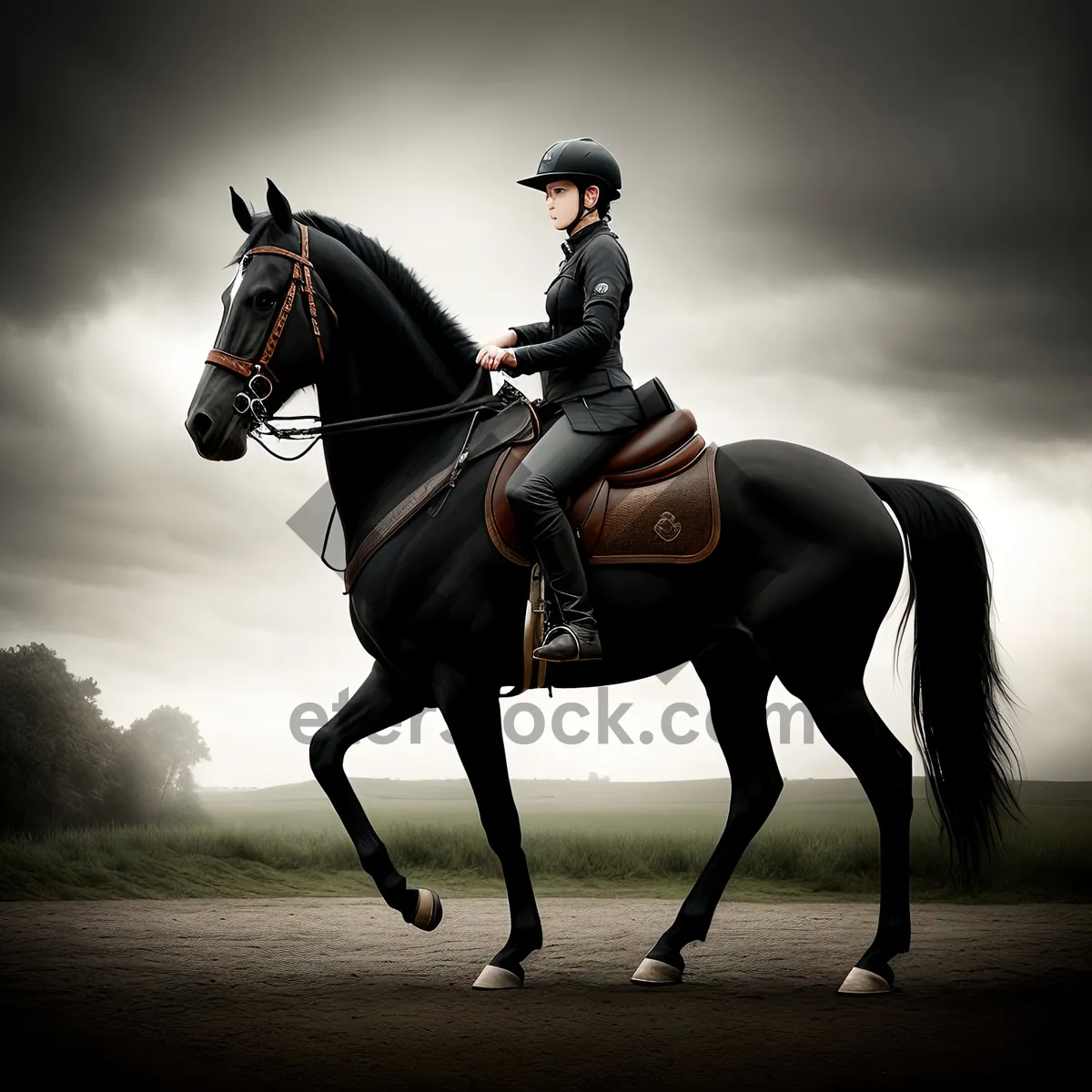 Picture of Thoroughbred Stallion in Equestrian Harness and Saddle