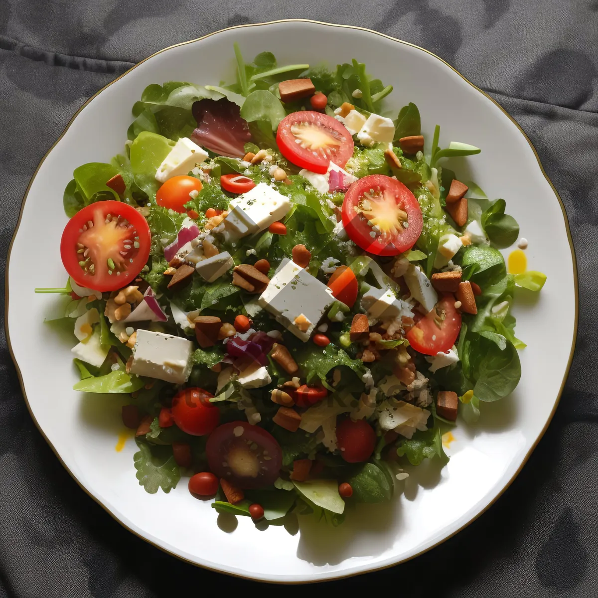 Picture of Healthy vegetable salad with cheese and gourmet dressing.