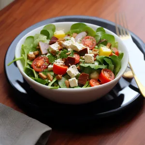 Gourmet vegetable salad with cheese and tomatoes