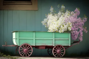 Vintage horse-drawn hay wagon in rural countryside.