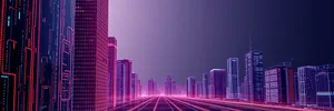Modern city skyline at night with laser lights.