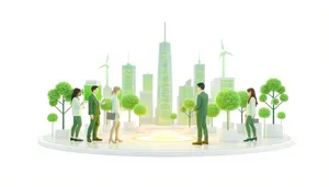 City skyline with iconic tower in urban setting