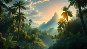 Tropical sunset on palm-lined beach shore.